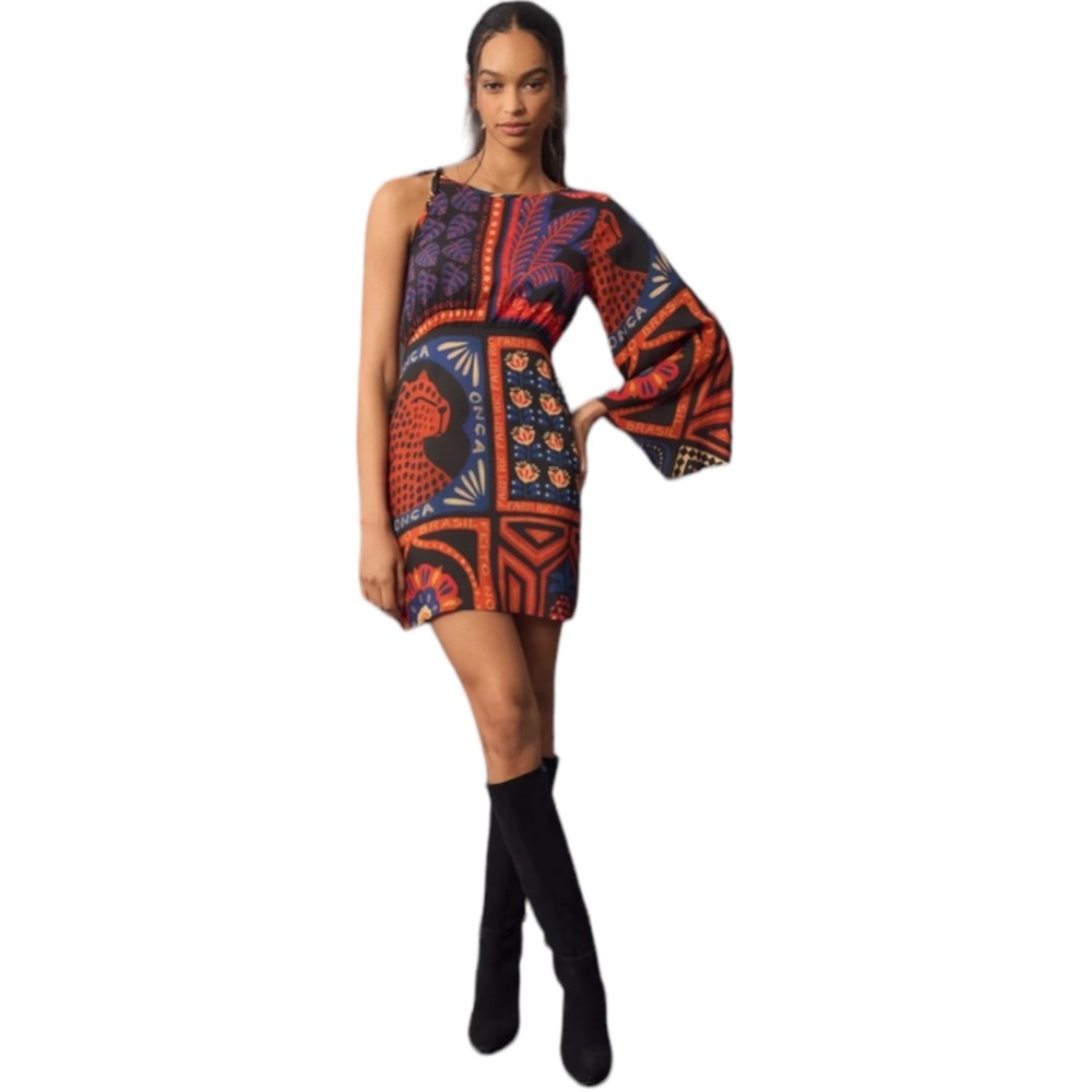 Medium FARM Rio One Shoulder Mini Dress in Black Motif